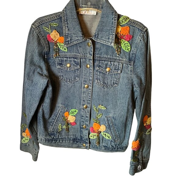 Mary Frances‎ Womens Embroidered Denim Jacket Floral Appliqué Beads Button-Front - Picture 1 of 6